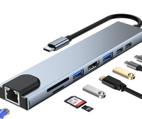 8 in 1 8 Port Hub Docking Station Dengan 4K HDTV VGA PD 100W RJ45 Ethernet Pengisian Daya Kabel Pencahayaan USB 3.0 Adaptor Multiport