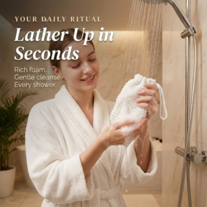 Sac en filet gaufré blanc pur pour éponge de bain moussante, pochette à cordon pour économiser le savon, sac réutilisable pour bulles de savon, accessoire de nettoyage pour la <span class=keywords><strong>douche</strong></span> - Product Image 2