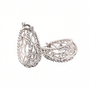 Orecchini a Cerchio in Argento 925 Bianco Champagne con Motivo Floreale, Gioielli Classici da Donna per Uso Quotidiano - Product Image 1