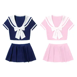 Wholesale kids baby swimwear navy blue Japanese sailor suit uniform beachwear swimsuit girl toddler two pieces OEM custom