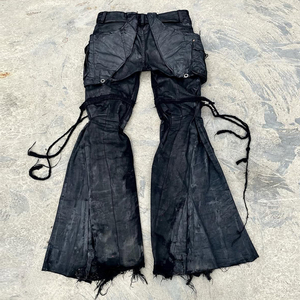 Celana Cargo Pria Model Low Rise Flare, Hitam Acid Washed Distressed dengan Ritsleting, Tali Rumbai, Ujung Berjumbai, Gaya Y2K Grunge Punk Streetwear - Product Image 4