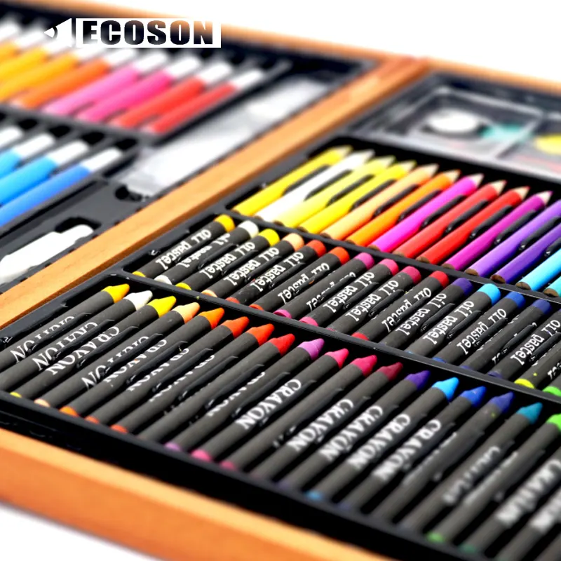 लकड़ी ले जाने के मामले 36 Watercolors 24 प्रीमियम रंगीन पेंसिल जुआ खेलने पेंसिल तेल Pastels Crayons 150 पीसी बच्चों कला सेट की आपूर्ति