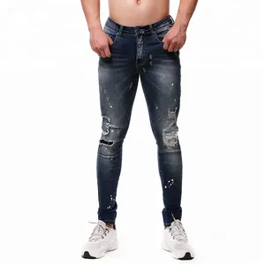 Высококачественные мужские стрейч темно-синие узкие джинсы мужская мода грязные моющиеся джинсы заводские/мужские джинсы