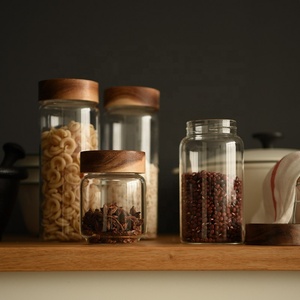 Atacado Recipiente De Armazenamento De Alimentos Hermético De Vidro De Cozinha Com Tampa De Madeira De Acácia Organizador De Despensa De Vidro Transparente Redondo - Product Image 6