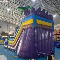 Toboggan aquatique gonflable commercial double piste, thème palmier tropical, violet et bleu, avec piscine à jets d'eau, pour location de fêtes estivales