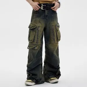 יצרן OEM רופף בגזרה וינטג' מרובת כיסים בגדי רחוב לגברים מטען ג'ינס רחב רגליים