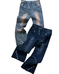 Impression personnalisée logo rivet strass patch rétro denim lavé jeans avec bouton coupe ample baggy jeans hommes jeans