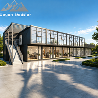 Bâtiment préfabriqué en acier modulaire à deux étages, sur mesure, en conteneur, avec bureaux en verre, magasin, salle d'exposition, usage commercial