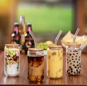 Custom Transparent Blank Beer Can Shaped Iced Coffee Glass Cup Bottle With Bamboo Lid And Straw