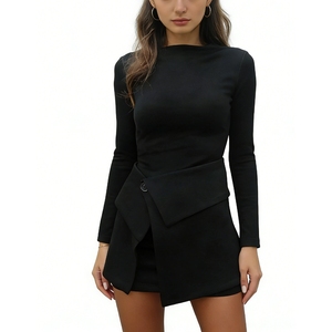 Conjunto de 2 Piezas para Mujer: Blusa de Manga Larga con Cuello Barco y Falda Asimétrica con Botones - Estilo Casual para Oficina - Product Image 4