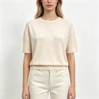 Pull décontracté brodé de haute qualité pour femme, col rond, manches courtes, couleur blanche, personnalisable OEM & ODM, vente en gros