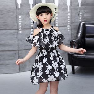 Vêtements pour enfants, style coréen, robe pour filles, robes de fête pour filles de couleur blanche avec motif de fleurs noires imprimées - Product Image 2