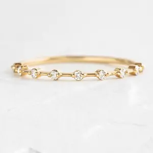 14kt Gold Plated 925 Sterling Silver Petite Diamond Single Prong Floating Dainty Thin Half- Eternity Distance Band Ring Set