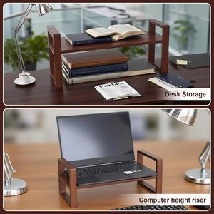 Étagère de rangement de bureau en bois réglable à 2 niveaux, couleur noyer, hauteur réglable pour organiser les livres sur le comptoir de cuisine et - Product Image 3