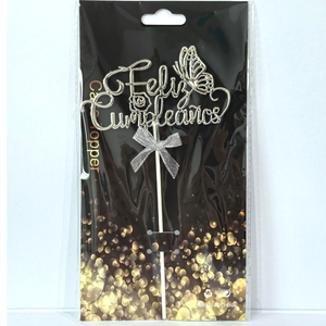 Decorazione per Torta 'Feliz Cumpleaños' in Plastica Placcata Oro, con Rose e Farfalle, Stile Cursivo Spagnolo, Prezzo di Fabbrica - Product Image 4