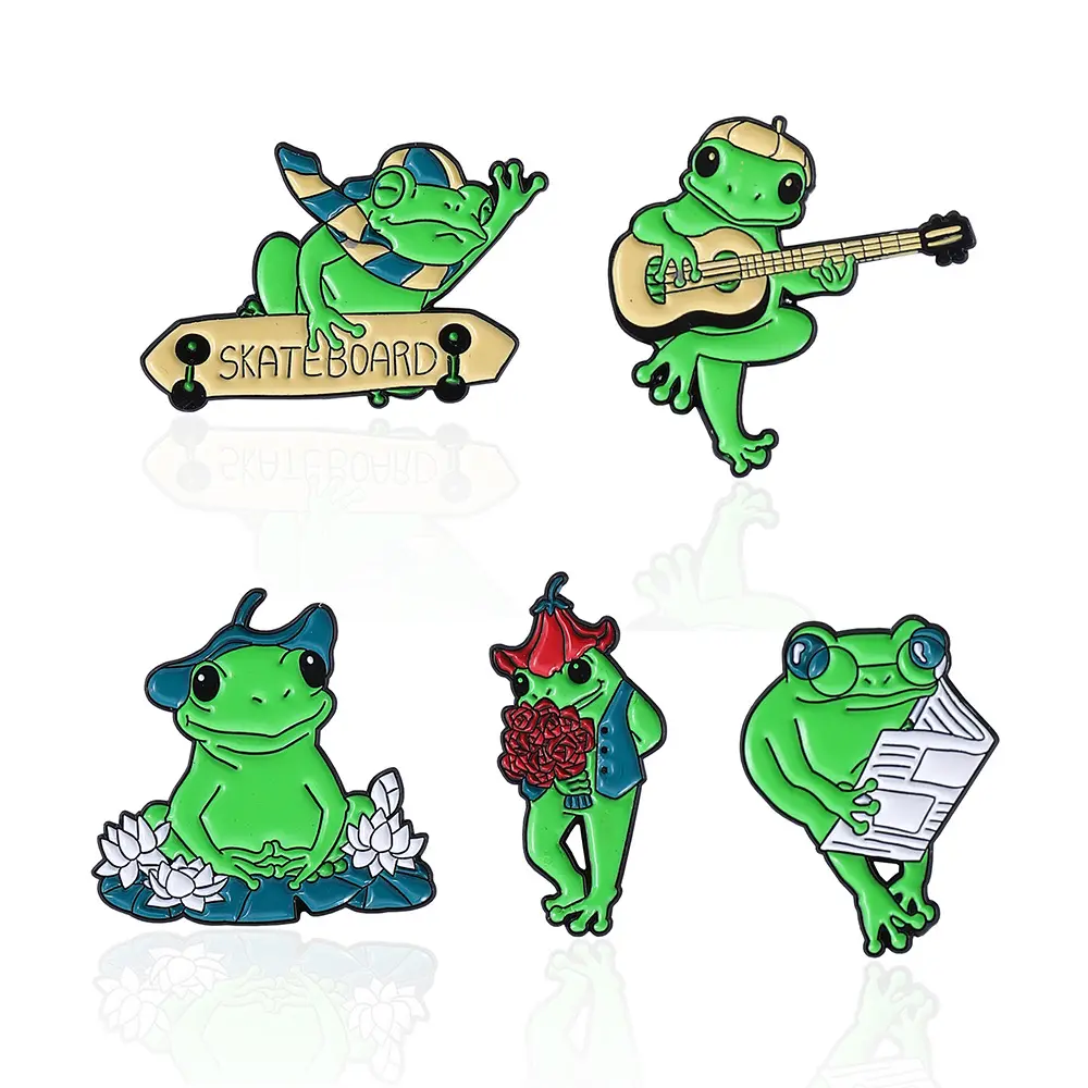 Prier sur feuille de Lotus belle grenouille broche guitare parlante Dai lunettes lecture mignonne grenouille émail épinglette