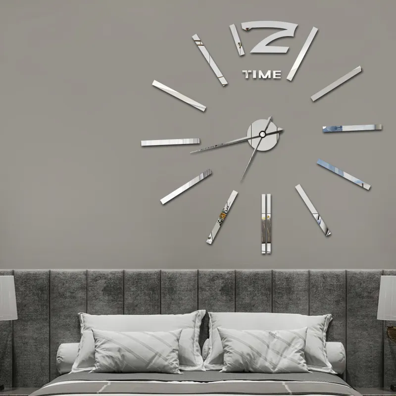 大型3Dアクリル壁掛け時計ステッカー壁装飾100cm径ビッグデジタルミラーミュート時計ブラックシルバーゴールドカラー
