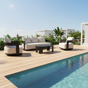 Ensemble de canapés d'extérieur modernes en aluminium avec chaises, structure noire et coussins blancs pour villa, jardin, balcon, piscine - Product Image 1