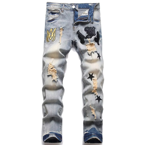 Jeans pour hommes de haute qualité, style vintage, coupe droite, tendance streetwear, avec patchs déchirés et broderies décontractées - Product Image 5