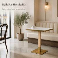Table de salle à manger carrée de luxe sur mesure en pierre frittée avec base en acier inoxydable doré pour café et restaurant (OEM)