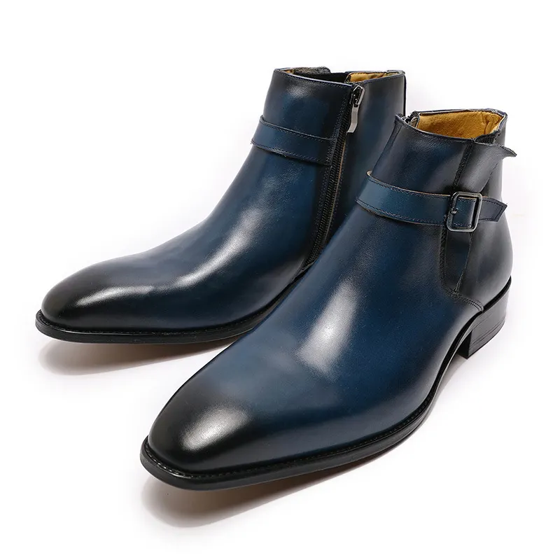 पुरुषों की टखने जूते पोशाक बूट असली लेदर ऊपरी शीर्ष पैर की अंगुली बकसुआ पट्टा फैशन आरामदायक जूते आदमी के लिए थोक