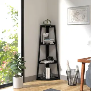 Estante de canto de bambu de 4 camadas, estante com escada aberta, estante moderna para sala de estar, quarto, cozinha, varanda