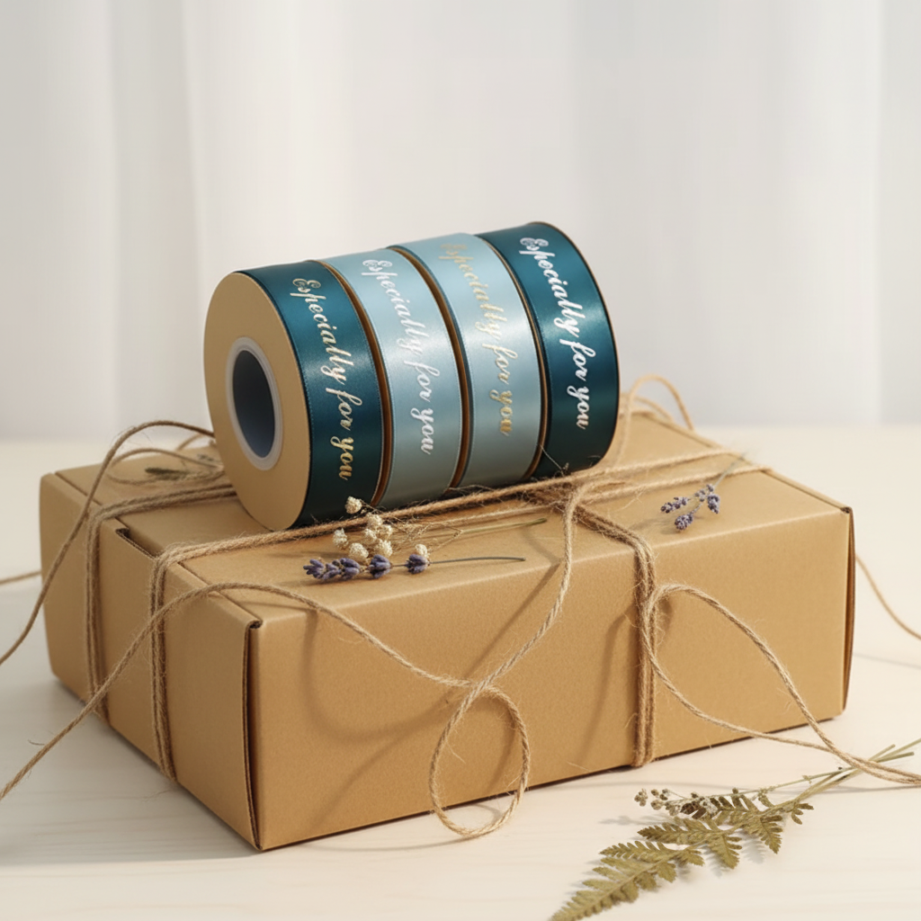 Customized Gold Foil 3d Embossed Custom Ribbon Bow with logo Eco Friendly Packaging Screen Printing Poly Satin Gift Ribbons 4cm