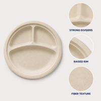 Assiettes rondes en bagasse compostables de 8,86 pouces à 3 compartiments pour la restauration, les repas scolaires et hospitaliers (vente en gros)
