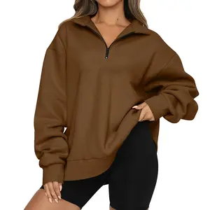 Moletom casual oversized feminino com zíper de quarto e capuz com gola redonda, roupas de outono e inverno para meninas adolescentes com bolsos