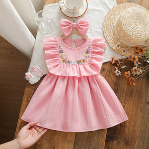 Vestito Estivo Rosa Traspirante per Bambina, Stampa Floreale Senza Maniche con Fiocco e Volant, <span class=keywords><strong>Dolce</strong></span> e Grazioso - Product Image 1