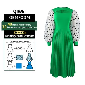 Oem/Odm Damesmode Contrasterende Kleur Stiksels Met Polka Dot Print Lantaarnmouwen Taille Geplooide Jurk Dames