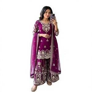 Purple Embroidered Chiffon Salwar Kameez With Dupatta Traditional Women's <b>Wedding</b> Wear India Pakistan - Product Image 1