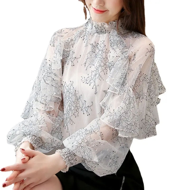 Fashion Womens Tops and Blouses Women Clothing Elegant Ruffled Chiffon Blouse Vintage Tops Female Office See Through Lace Shirts