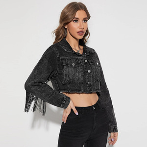 High Street Causal Portant Ourlet <span class=keywords><strong>Brut</strong></span> Neige Lavage Jeans Shinning River Couleur Glands Femmes Veste Courte En Jean - Product Image 3