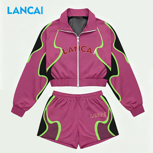 Lancai Custom Color Block <b>Track</b> <b>Jacket</b> and Shorts Outfits Fall Clothes for Women Street Wear Ladies Nylon Tracksuit 2 Piece Set - Product Image 1