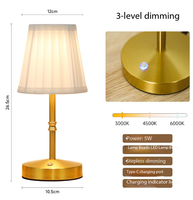 Lampe de table rechargeable à 3 niveaux de luminosité, en tissu plissé, or, pièce décorative pour la chambre à coucher et l'ambiance du salon