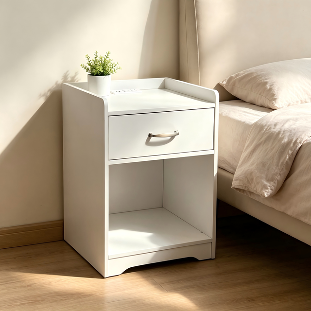Modern Minimalist Wooden Bedside Table with Drawers and Storage Shelf for Bedroom Room Sofa Area in White Nightstand