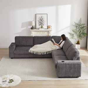 Oversized Convertible L-Shaped Corduroy Corner Sofa Set Modern Design Two Storage Spaces USB Type-C Port Cup <b>Sponge</b> Apartment - Product Image 3