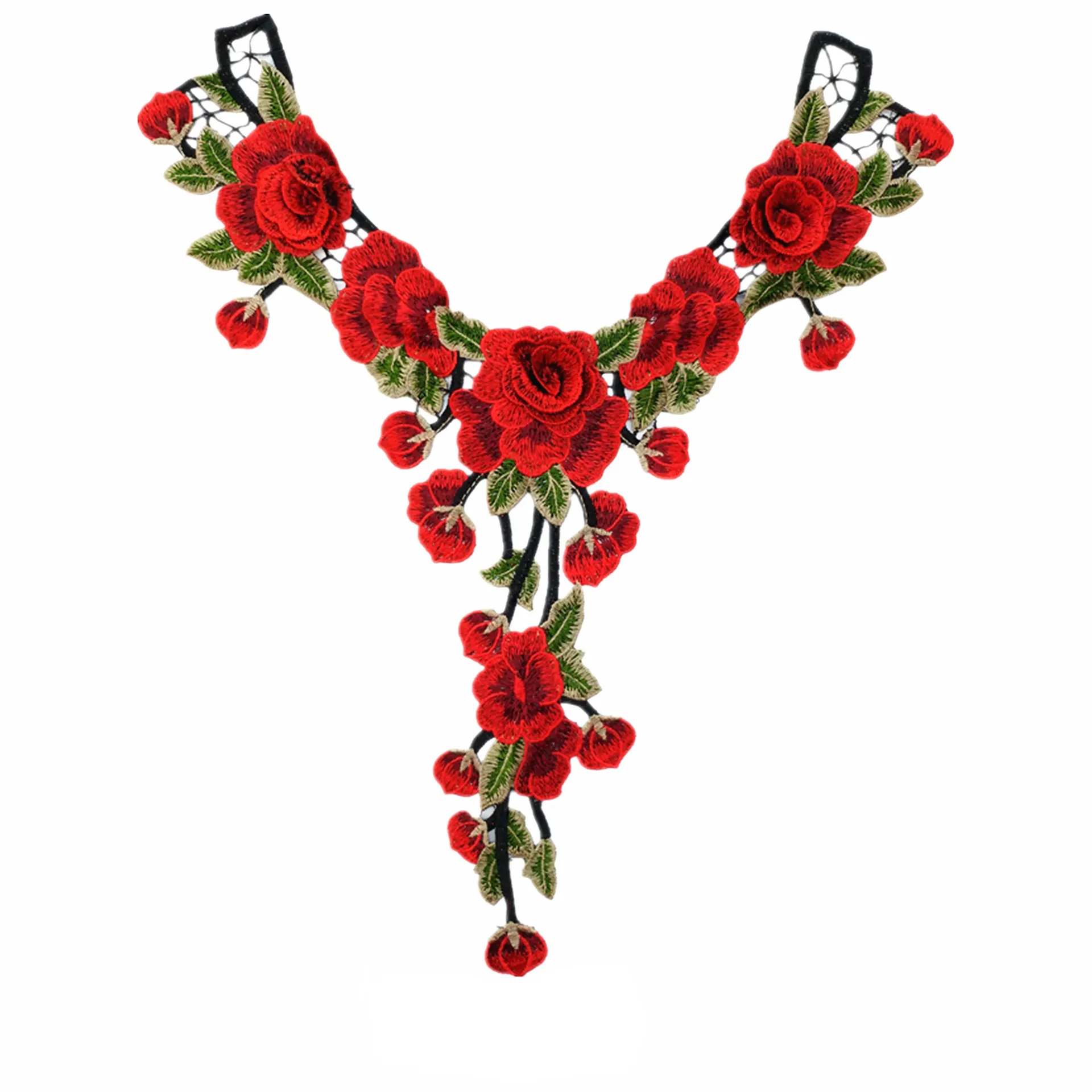 Güzel yeni kırmızı gül çiçek nakış dantel yaka kumaş DIY el yapımı düğün elbisesi dantel yaka dikiş malzemeleri el sanatları