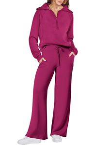 Conjunto de 2 piezas WINGTU con logotipo personalizado, suéter de manga larga con media cremallera para <span class=keywords><strong>mujer</strong></span>, conjunto de pantalones anchos de talla grande para <span class=keywords><strong>mujer</strong></span> - Product Image 3