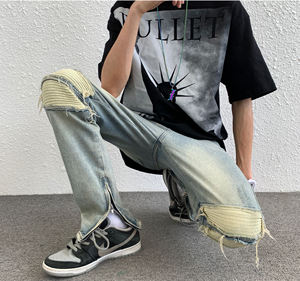 工厂新款撕裂彭特风格库存送货男士复古宽松直拉链袖口自行车手紧身牛仔裤 - Product Image 4