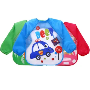 Groothandel Custom Kiel Voeden Waterdichte Lange Mouwen Gedrukt Siliconen Peuter Baby Boy Kids Kwijlen Slabbetjes Doek Sets