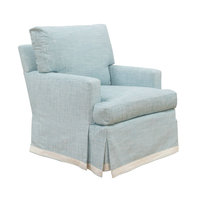 Fauteuil d'appoint pivotant de style rétro français, bleu et blanc rayé, avec garniture à franges, pour salon ou chambre à coucher