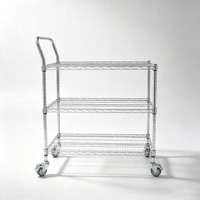 Chariot à trois niveaux en fil métallique chromé avec poignée de poussée, chariot robuste réglable pour entrepôt, magasin, rangement domestique