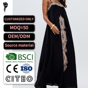 Vestido Casual de Lino para Mujer, Estilo Bohemio, Transpirable y Ecológico, con Rayas Bordadas, de Algodón, Largo Midi, Diseño Combinado, en Oferta - Product Image 1