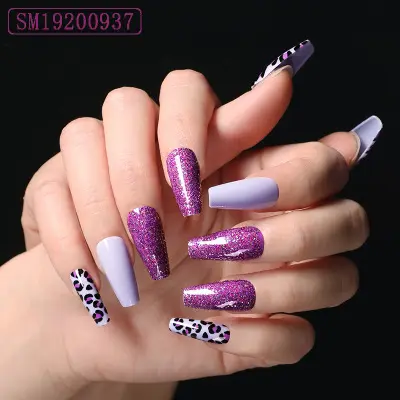 Баллетная пудра для ногтей в европейско-американском стиле, фиолетовый Леопардовый принт, искусственные ногти, 24 шт., готовая коробка для ногтей