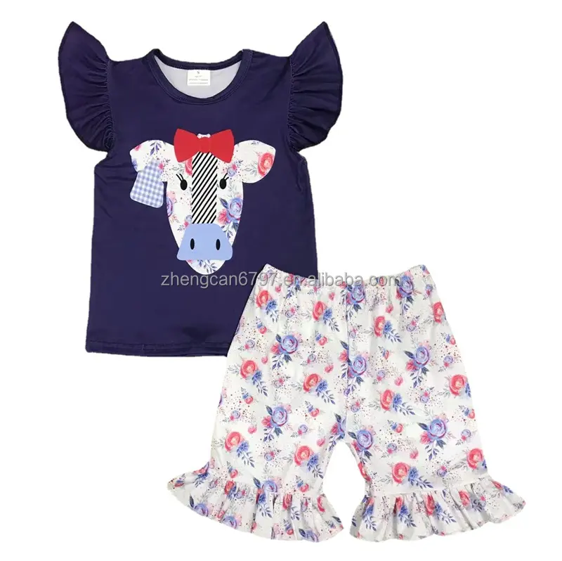 Summer July 4th Girls Clothing Sets 12 Year Cotton Knit Baby Outfit Flower Cowhead Animal Printing Children Suits