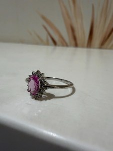 Bague demi-éternité en or 10K avec saphir rose et grand diamant, alliance de mariage, bijou de déclaration avec saphir naturel pour fiançailles - Product Image 2