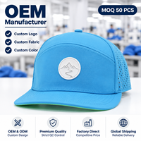 Topi 7 Panel Unisex Outdoor Ringan Warna Biru Langit dengan Lubang Laser, Patch Karet Custom Mountain Trail, Dapat Disesuaikan