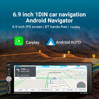 Autoradio Android 1 Din avec écran tactile IPS de 6,9 pouces, CarPlay, Android Auto, navigation GPS, radio FM, Mirror Link, DVR